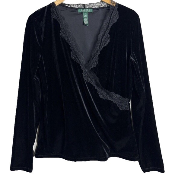 Lauren Ralph Lauren Velvet Lace Faux Wrap Top Womens Large Black Whimsygoth - Picture 2 of 8